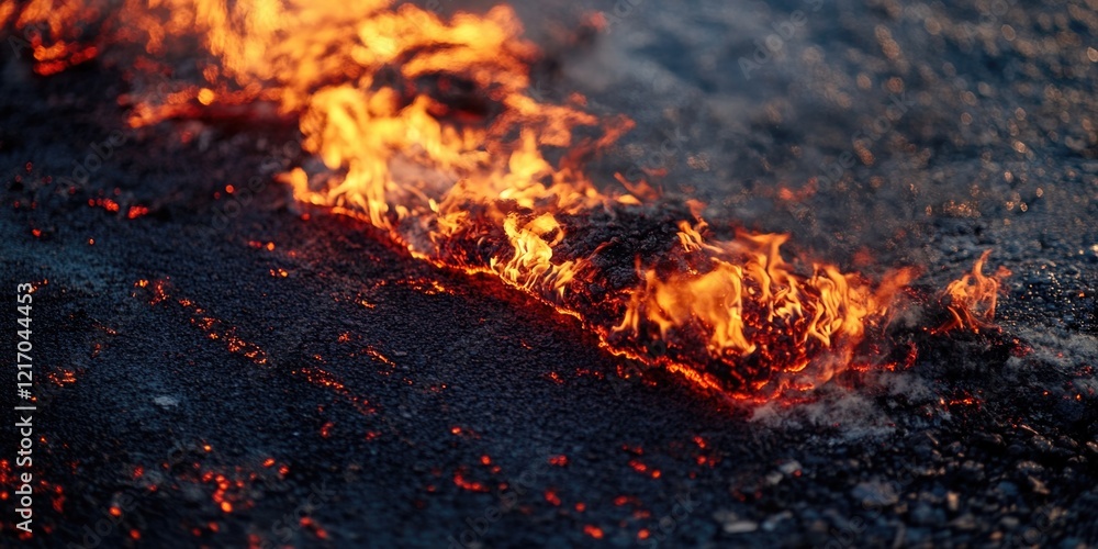 A close-up view of a burning fire on the ground, with flames and smoke visible A close-up view of a burning fire on the ground, with flames and smoke visible