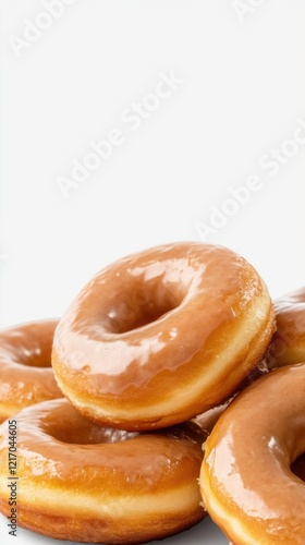 A pile of glossy, glazed donuts stacked on a transparent background, showcasing their shiny texture and golden-brown color.