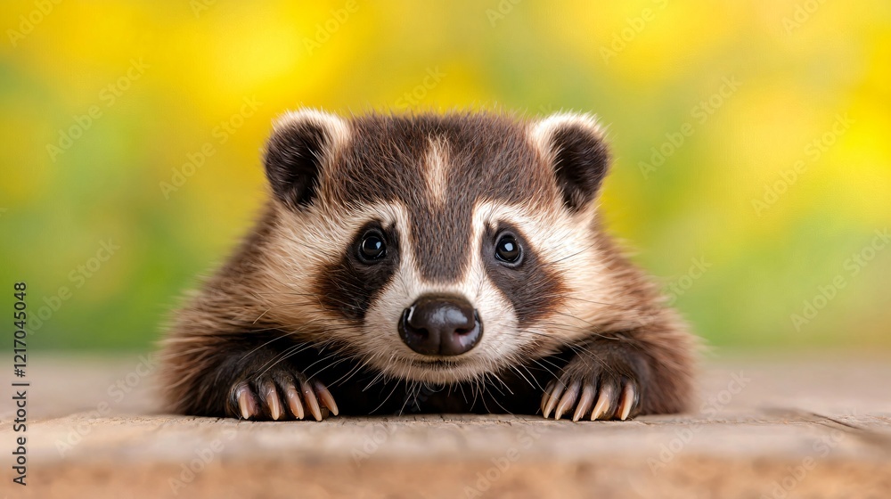 Cute baby badger, spring meadow background, wildlife, nature photography, for children's book Cute baby badger, spring meadow background, wildlife, nature photography, for children's book