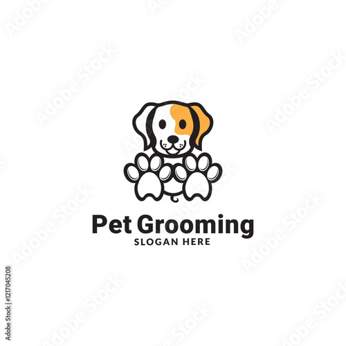 pet grooming icon, animal grooming salon, dog or cat paw, scissors with comb for groomer, flat symbol - editable stroke vector illustration