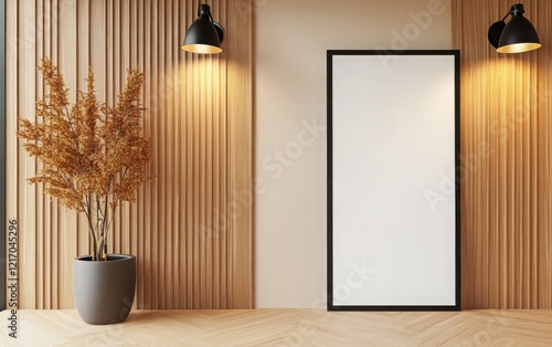 In a stylish modern room, a white poster frame leans against a wall with black lighting fixtures and wood paneling. The light-colored floor ties the design together photo