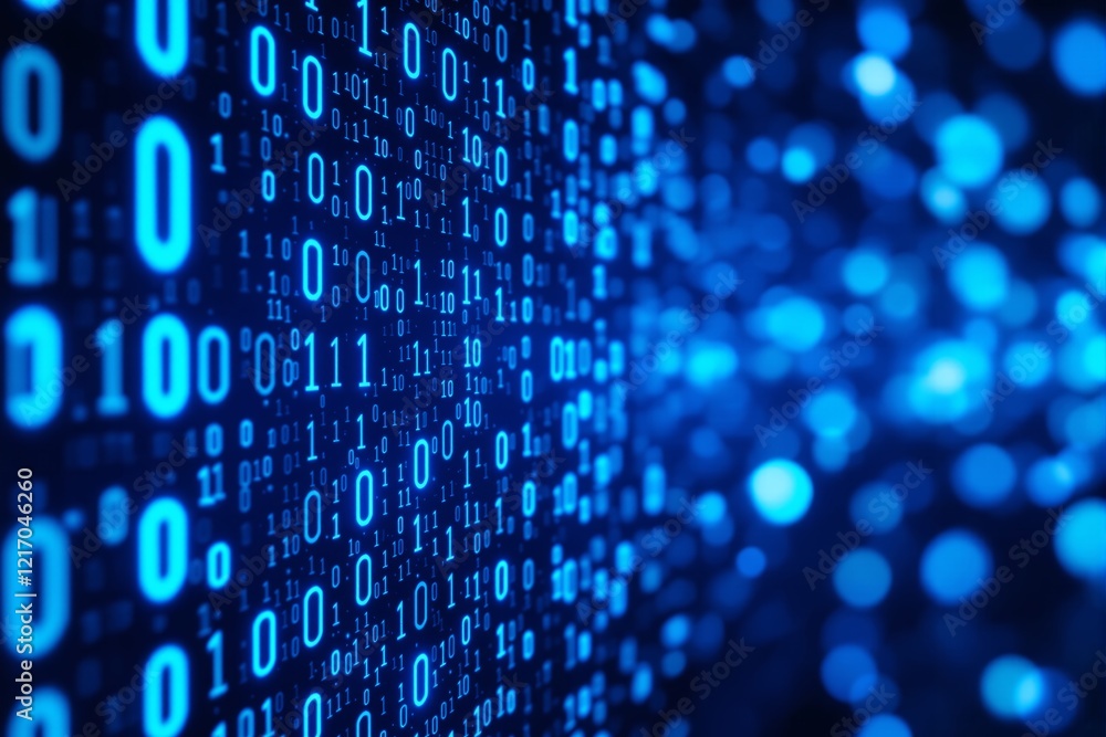 Abstract digital binary code background in blue tones with blurred bokeh effect. Abstract digital binary code background in blue tones with blurred bokeh effect.