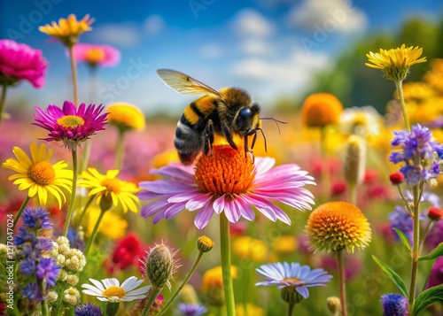 Panoramic View of Bombus Campestris Cuckoo Bumblebee in Wildflower Meadow photo