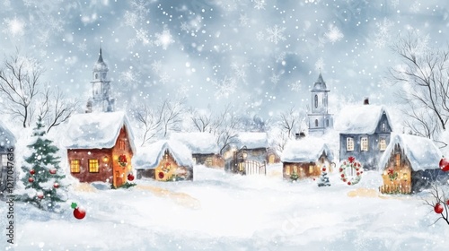 Wallpaper Mural Charming hand-drawn illustration of a winter village. Featuring a quaint village covered in snow with festive decorations and holiday lights. Highlighting a cozy and whimsical winter atmosphere. Torontodigital.ca