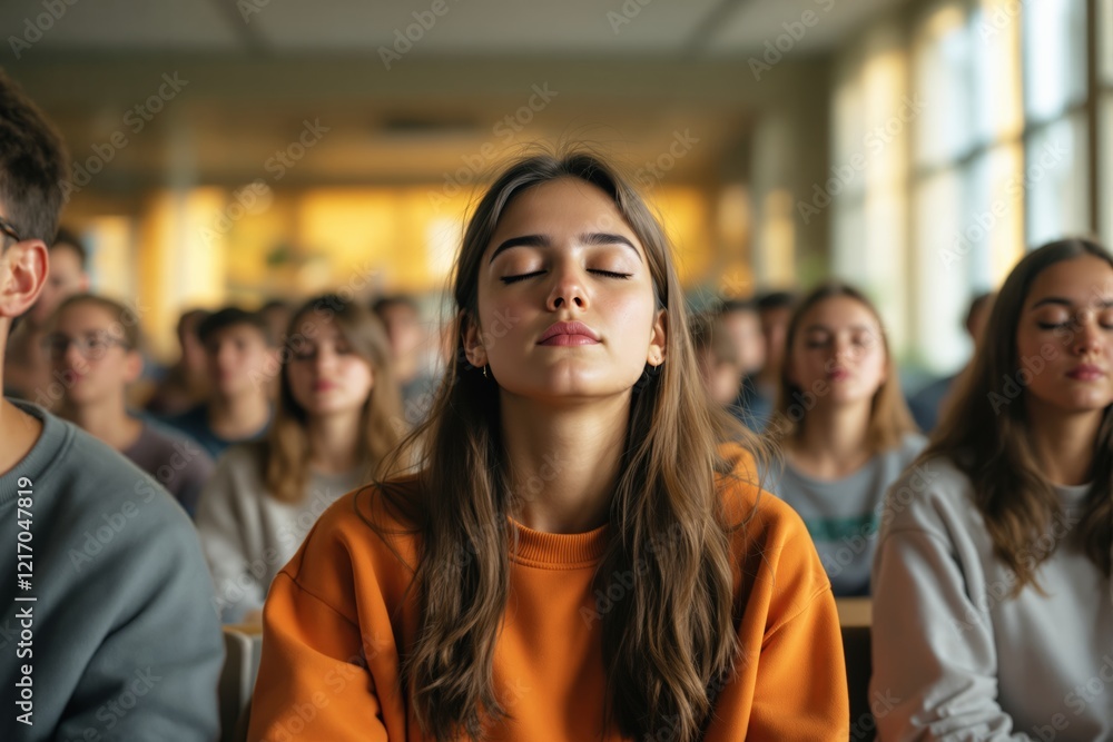 Fototapeta premium Group meditation session with young people in a brightly lit room.
