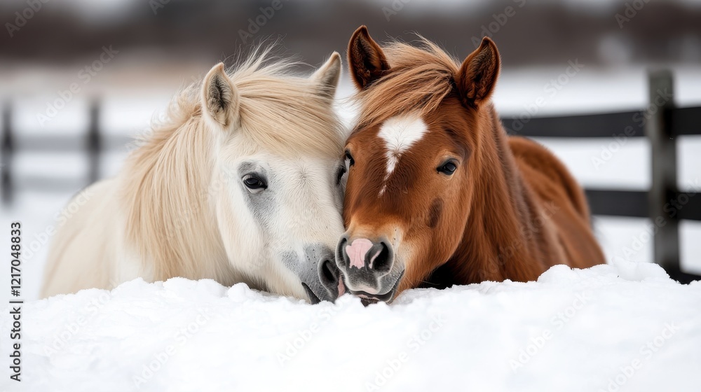Fototapeta premium A heartwarming image of two horses snuggling closely together in a snowy landscape, capturing the essence of companionship and warmth in a cold environment.
