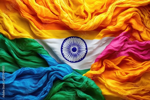 A close-up view of the Indian flag featuring multiple colors photo