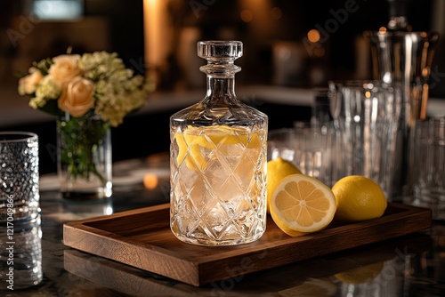 A single crystal carafe filled with lemon-infused water styled on a wooden tray. picture photo