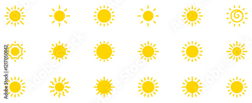 Sun icon set. Solar icons isolated on white background. Sunrise, sunset or sun shine sign collection. Vector illustration. EPS 10