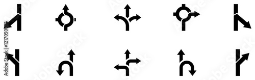 Choice between three roads icon set. Three-way directional arrow. Way, road, direction, branching, arrows , Icon for design. Easily editable, pathway, opportunity, logo, split, choose, three concept.