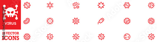 Bacteria, virus icon set. A set of line icons related to infectious diseases. Covid, tb, pox, HIV, malaria, dengue, Zika, cough, handwash, social distancing, flu, and so on. Vector Illustration. EPS 1