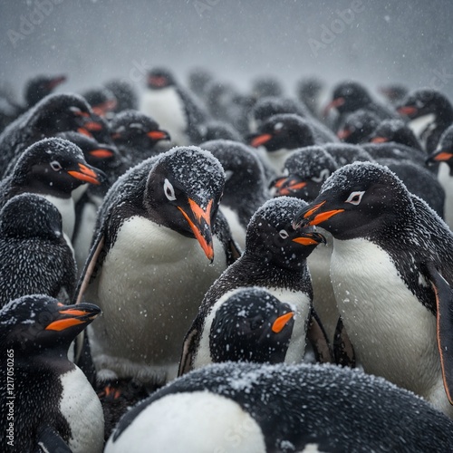 A group of penguins huddled together against a snowstorm in Antarctica. photo