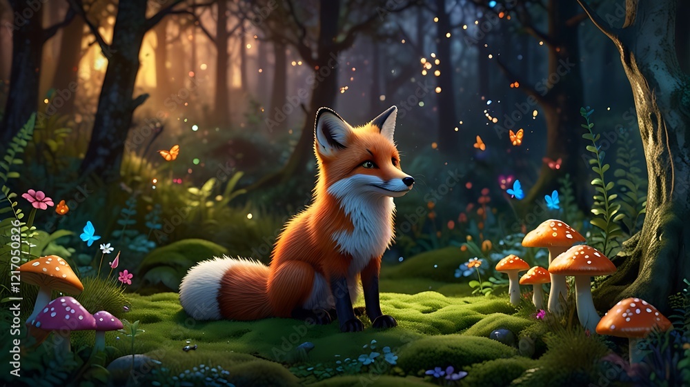 Fototapeta premium Enchanted Forest Fox: A whimsical, digital painting of a fox amidst glowing mushrooms and butterflies