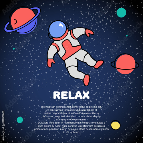 Astronaut is relaxing in space galaxy cosmos with planets and stars. Exploring missions with no gravity