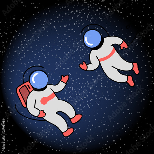 Astronauts fly in space galaxy cosmos with stars. Exploring missions with no gravity