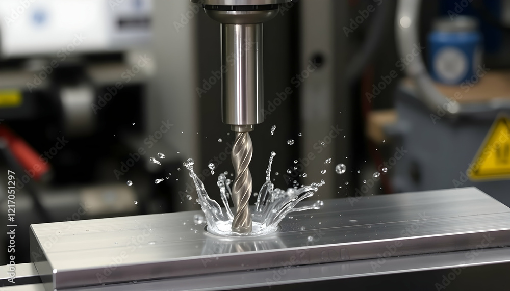 Industrial drilling, metal machining, precision engineering, high-speed drill bit, metal shavings, coolant spray, metalworking fluid, close-up shot, dynamic action, industrial photography, sparks flyi Industrial drilling, metal machining, precision engineering, high-speed drill bit, metal shavings, coolant spray, metalworking fluid, close-up shot, dynamic action, industrial photography, sparks flyi