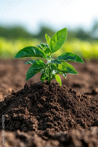 A young sprout with vibrant green leaves emerging from fertile soil, symbolizing growth and agricultural potential. photo