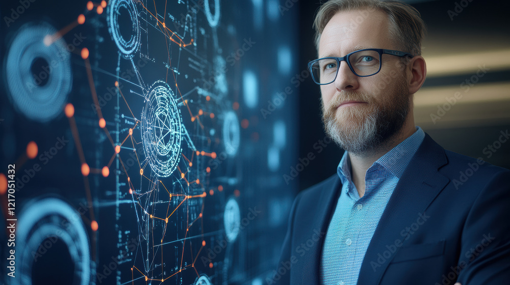 Businessman in Front of a Futuristic Data Screen Businessman in Front of a Futuristic Data Screen