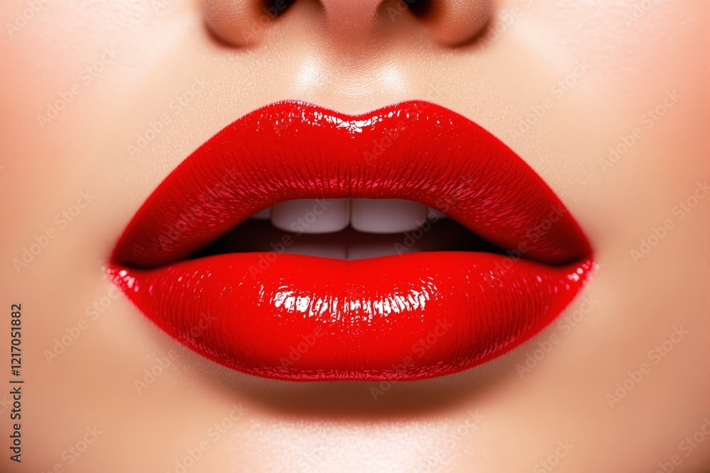 Fototapeta premium Close-up of glossy red lips with perfect makeup.