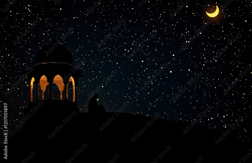Naklejka premium Ramadan, night sky with stars and moon, Arabic lantern in the foreground on top of a hill, silhouette of a Muslim man sitting and praying inside an old mosque