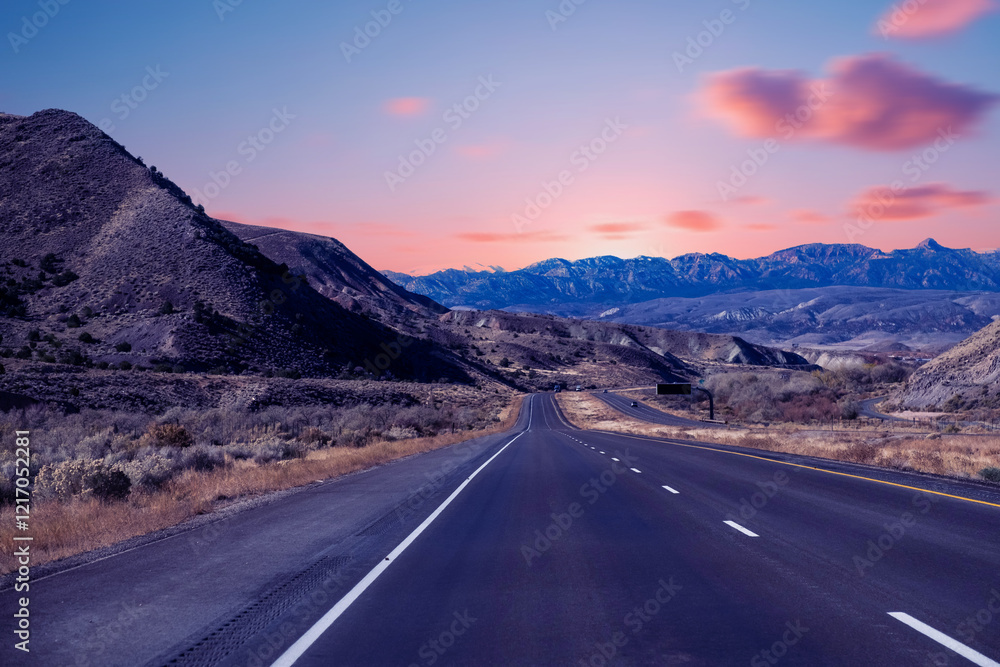 Empty rural road in Utah USA, view from road trip,
Empty rural road in Utah USA, view from road trip,