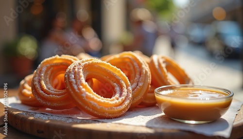 Golden churros with dulce de leche in sunlight, dessert photography, sweet indulgence