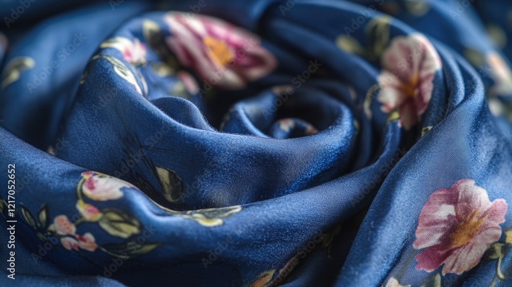 Fototapeta premium A detailed view of a blue scarf adorned with pink flowers, perfect for fashion or lifestyle use