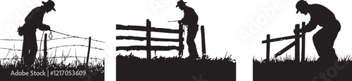 Silhouette of a farmer mending a fence vector illustration