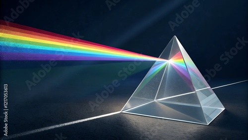 This image shows a clear, triangular prism dispersing a beam of white light into a visible spectrum of colors