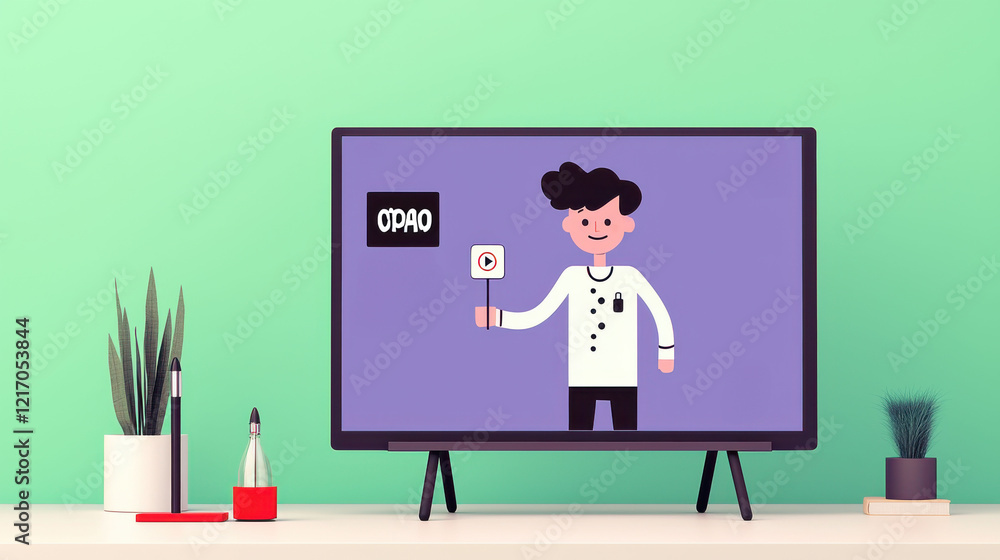 Animated chef presenting a cooking tutorial on digital screen. Animated chef presenting a cooking tutorial on digital screen.