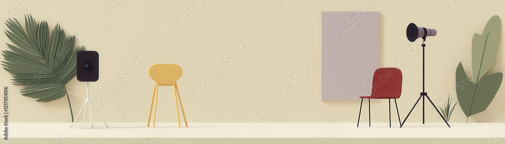 Minimalist studio setup featuring chairs, lights, and decor. Minimalist studio setup featuring chairs, lights, and decor.