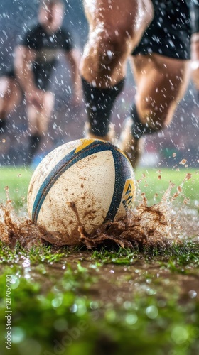 Rugby players in action on a rainy stadium field, with a close-up of a muddy rugby ball and water splashes creating a dynamic and intense scene.