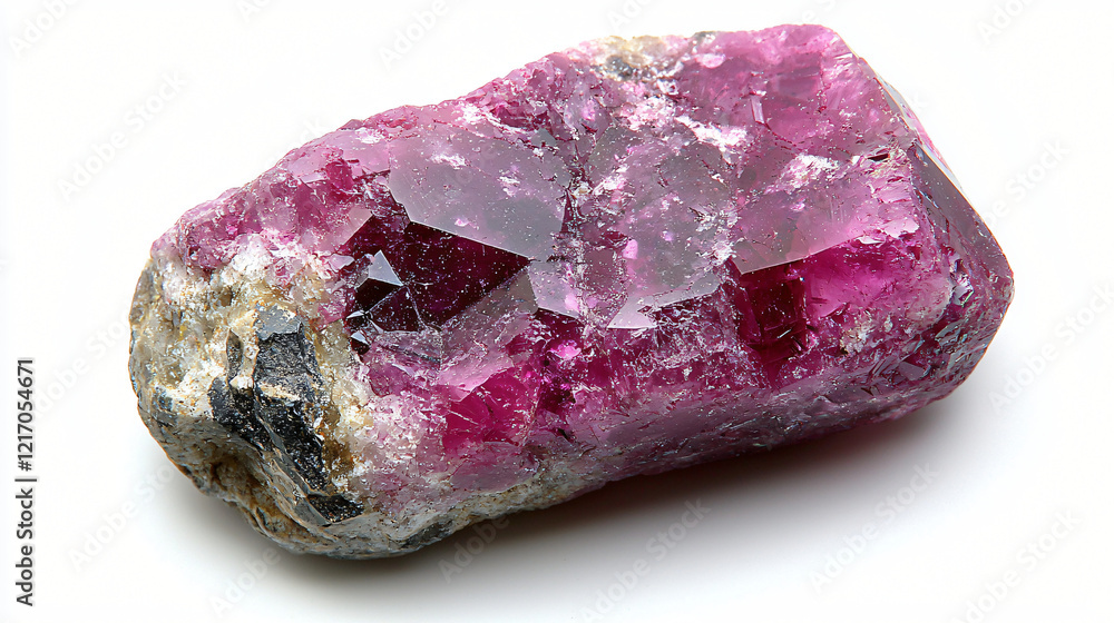 Fototapeta premium Ruby Gemstone with Smooth Facets: A deep red ruby glowing under studio lighting, showcasing its polished finish on a white background