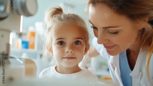 A close-up shot of a young girl with a caring healthcare provider by her side, emphasizing the importance of compassion in pediatric healthcare settings. photo