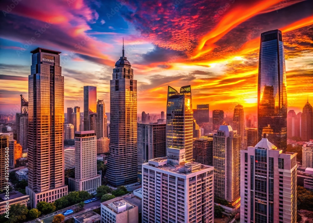 Fototapeta premium Pink Sunset City Skyline: Stunning Urban Architecture & Skyscrapers