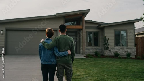 Young couple embracing in front of a modern house dream home goal ownership