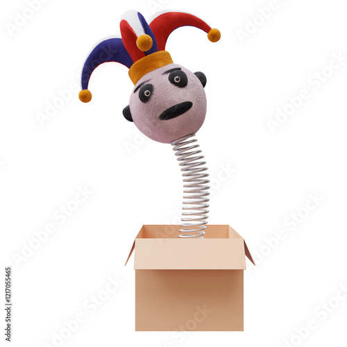 April fools day surprise. Jester on a spring out of a box isolated on white, transparent,  photo