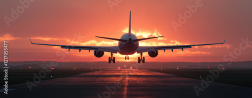 A large commercial airplane is taking off from a runway,landing,sunset ,Just arrived, shot in high resolution. photo