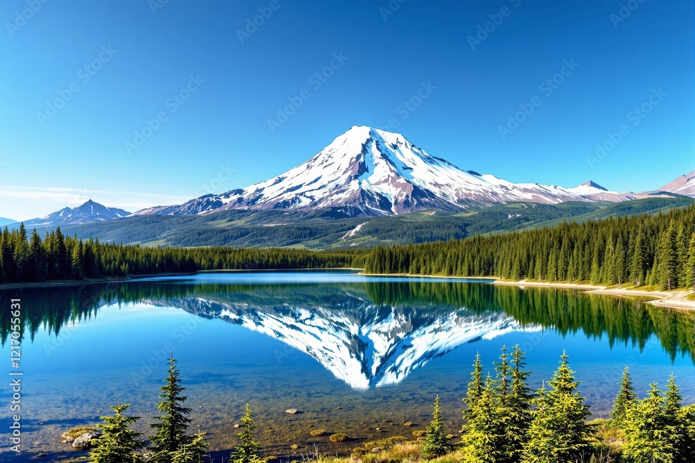 Scenic mountain with snow-capped peak and clear lake reflection under blue sky. Scenic mountain with snow-capped peak and clear lake reflection under blue sky.
