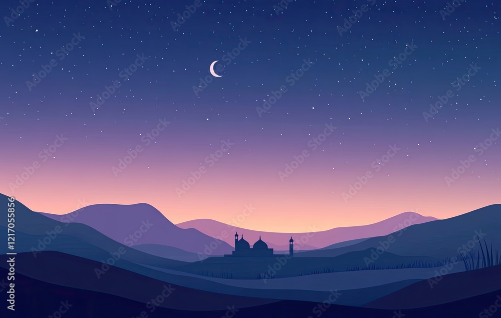 Simple vector graphics, simple lines, illustrative style, flat colors, background color is a blue and purple gradient sky at night with stars Simple vector graphics, simple lines, illustrative style, flat colors, background color is a blue and purple gradient sky at night with stars