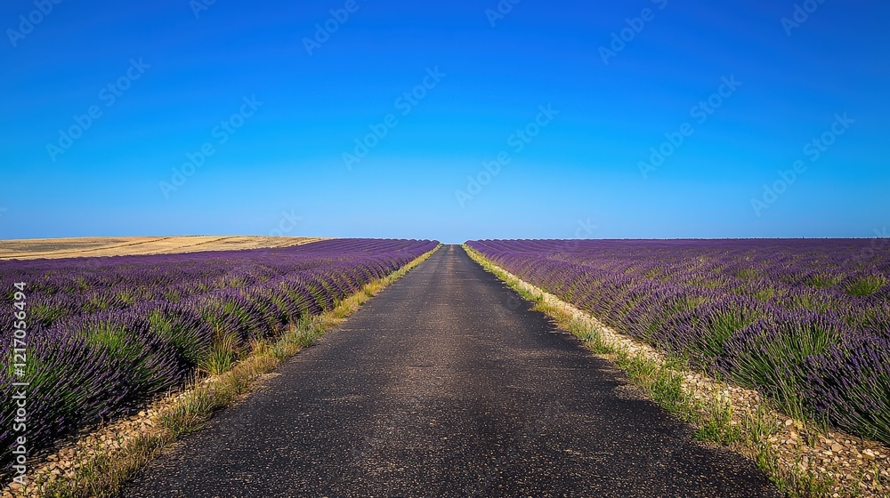 Naklejka premium Scenic Lavender Fields Stretching Along a Serene Road Provence France Nature Photography Bright Blue Sky Tranquil Landscape
