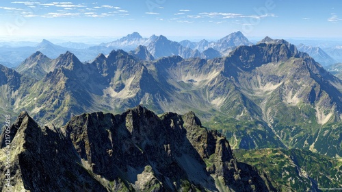 Majestic Alpine mountain range panorama, aerial view, sunny day, background haze, travel poster