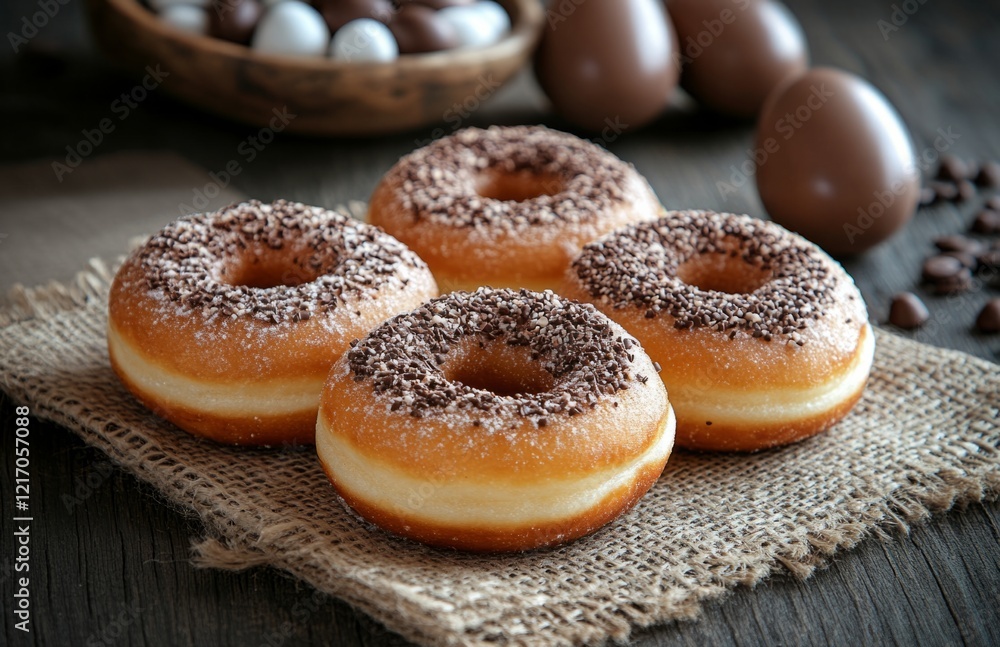 Assortment of Doughnuts with Chocolate and Easter Eggs on Burlap Cloth Assortment of Doughnuts with Chocolate and Easter Eggs on Burlap Cloth