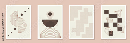Trendy minimal mid century minimal element poster background vector set. Pantone Color of the Year mocha mousse Minimalist geometric style cover template with monochrome perspective prism shape wall