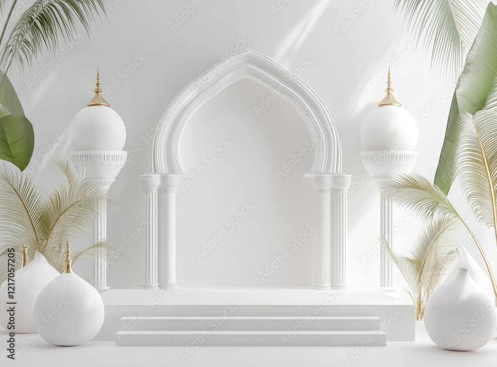 Simple white background with a podium for product display, Ramadan Islamic concept on the right side, and golden mosque elements on the left side. Minimal composition mock-up, banner design Simple white background with a podium for product display, Ramadan Islamic concept on the right side, and golden mosque elements on the left side. Minimal composition mock-up, banner design