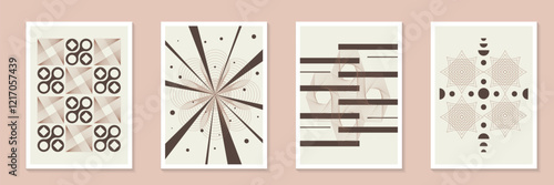 Mid century modern abstract element mid century poster background vector set. Pantone Color of the Year mocha mousse Minimalist geometric style cover template with Aesthetic contemporary stripe line