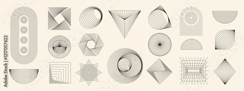 Hand drawn abstract mid century modern minimal element mid century vector set in dark shades . Aesthetic modern striped line art, geometric shapes in monochrome. Perfect design collection for home