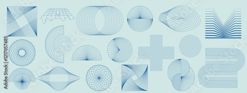 Hand drawn abstract mid century modern minimal element mid century vector set in blue shades . Aesthetic modern striped line art, geometric shapes in monochrome. Perfect design collection for home