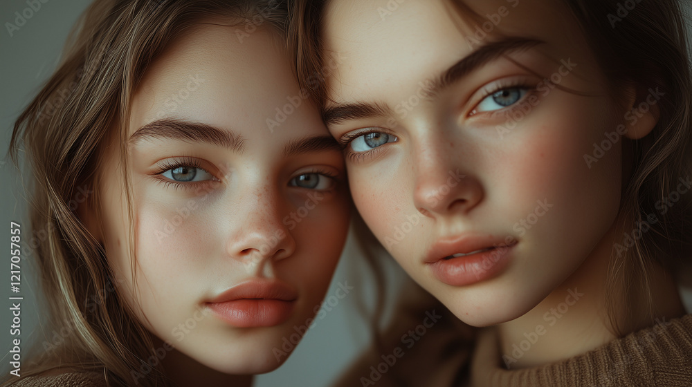 A striking and emotional portrait of twins standing closely together, their identical features subtly contrasted by unique expressions or details. The soft, natural lighting enhances their connection A striking and emotional portrait of twins standing closely together, their identical features subtly contrasted by unique expressions or details. The soft, natural lighting enhances their connection