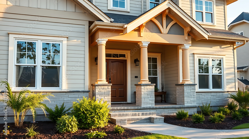 Elegant Home Exterior with Stone Columns and Landscaping. Beautiful architecture design, perfect for real estate listings and home design inspiration. Elegant Home Exterior with Stone Columns and Landscaping. Beautiful architecture design, perfect for real estate listings and home design inspiration.